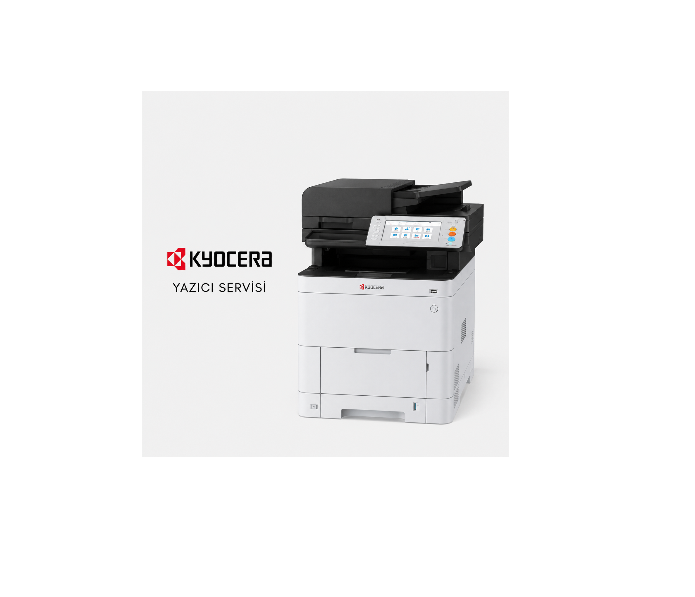 Beyaz ve sade bir arka plan üzerinde Kyocera marka çok fonksiyonlu yazıcının yer aldığı kurumsal tanıtım görselidir. Görselde bulunan “Kyocera Yazıcı Servisi” ifadesi; Kyocera yazıcılarda kağıt sıkışması, silik veya çizgili baskı, toner algılama, drum, developer ve fuser arızalarına yönelik bakım ve onarım hizmetlerini temsil etmektedir. TM Yazıcı Servisi, İzmir Yazıcı Servisi, İzmir Yazıcı Tamiri ve Kyocera Yazıcı Servisi hizmetleriyle profesyonel teknik destek sunmaktadır.