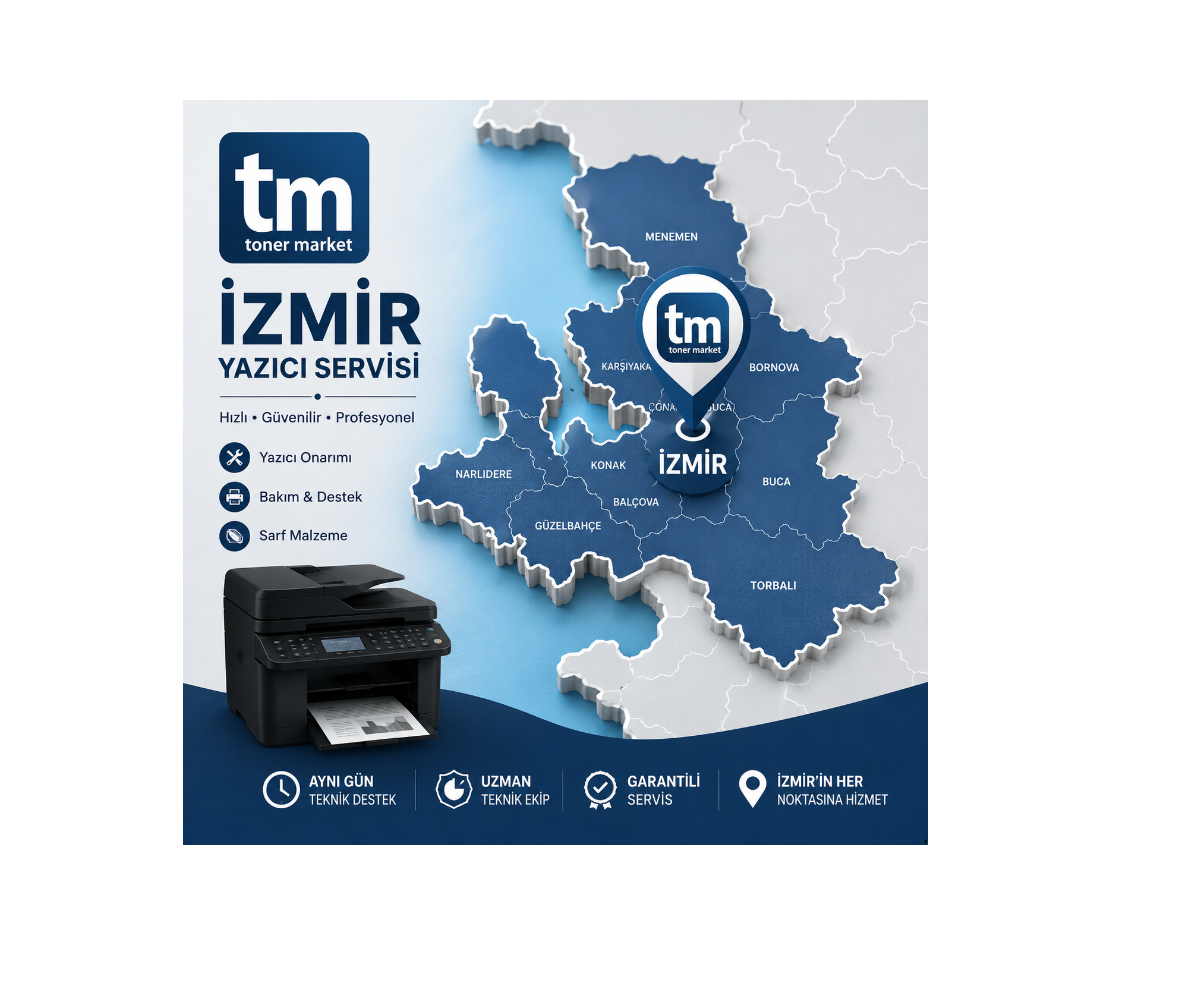 İzmir Yazıcı Servisi - TM Toner Market ile İzmir genelinde profesyonel yazıcı tamiri, bakım, onarım ve toner hizmetleri.